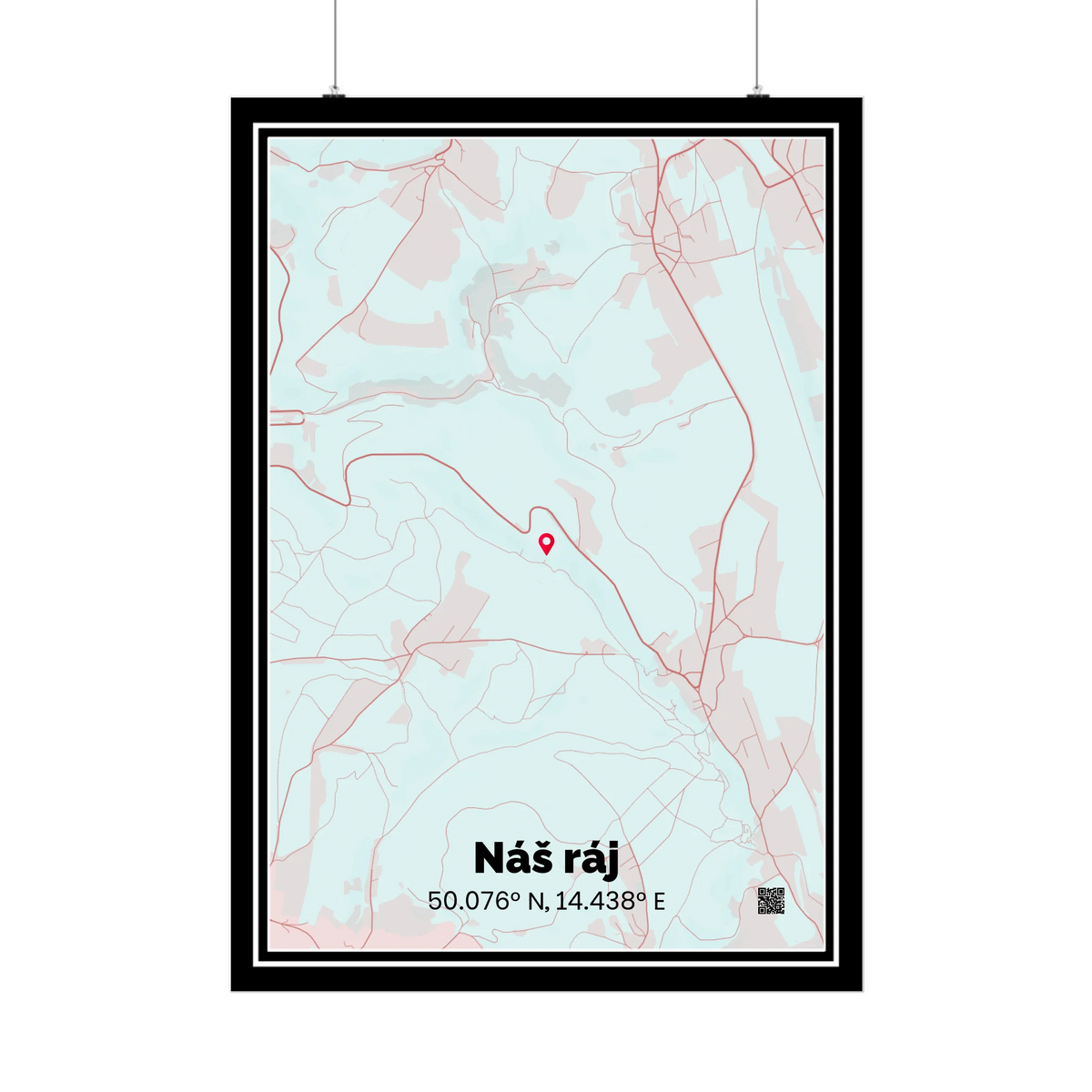 Personalizovaná mapa města na míru s černým lemováním jako plakát