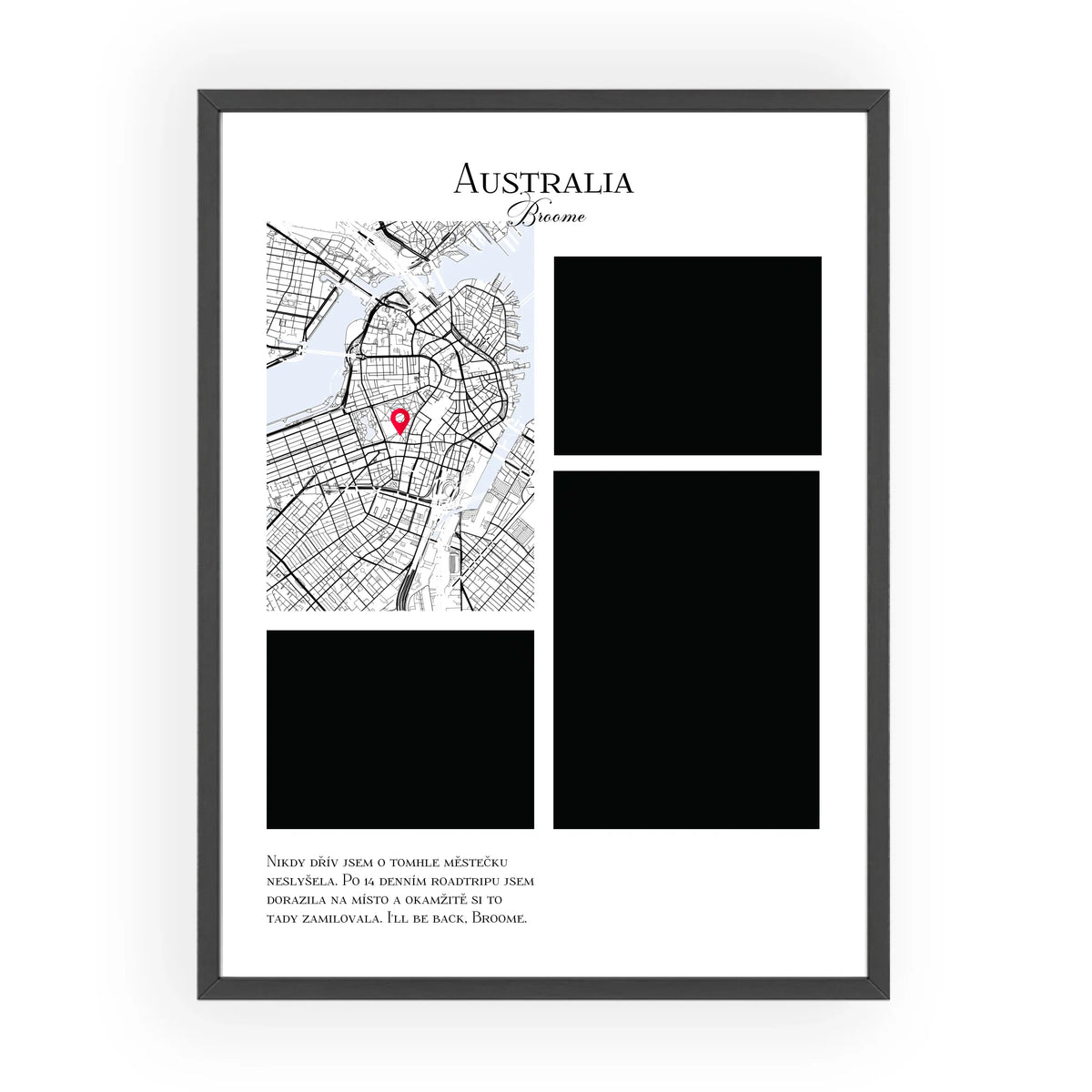Personalizovaná mapa na míru Vzpomínka na cesty – mapa oblíbené cestovní destinace a fotky, v černém rámu