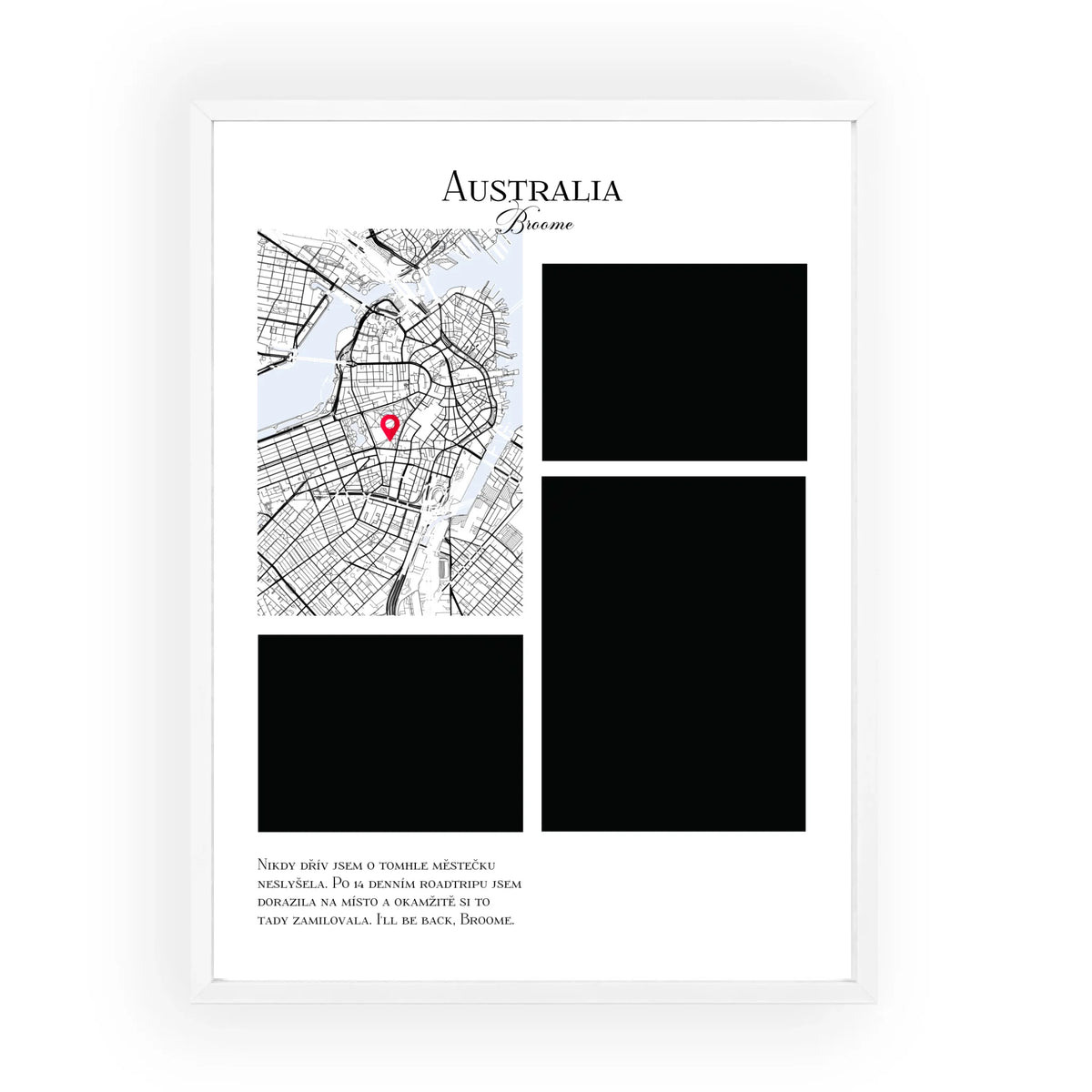 Personalizovaná mapa na míru Vzpomínka na cesty – mapa oblíbené cestovní destinace a fotky, v bílém rámu