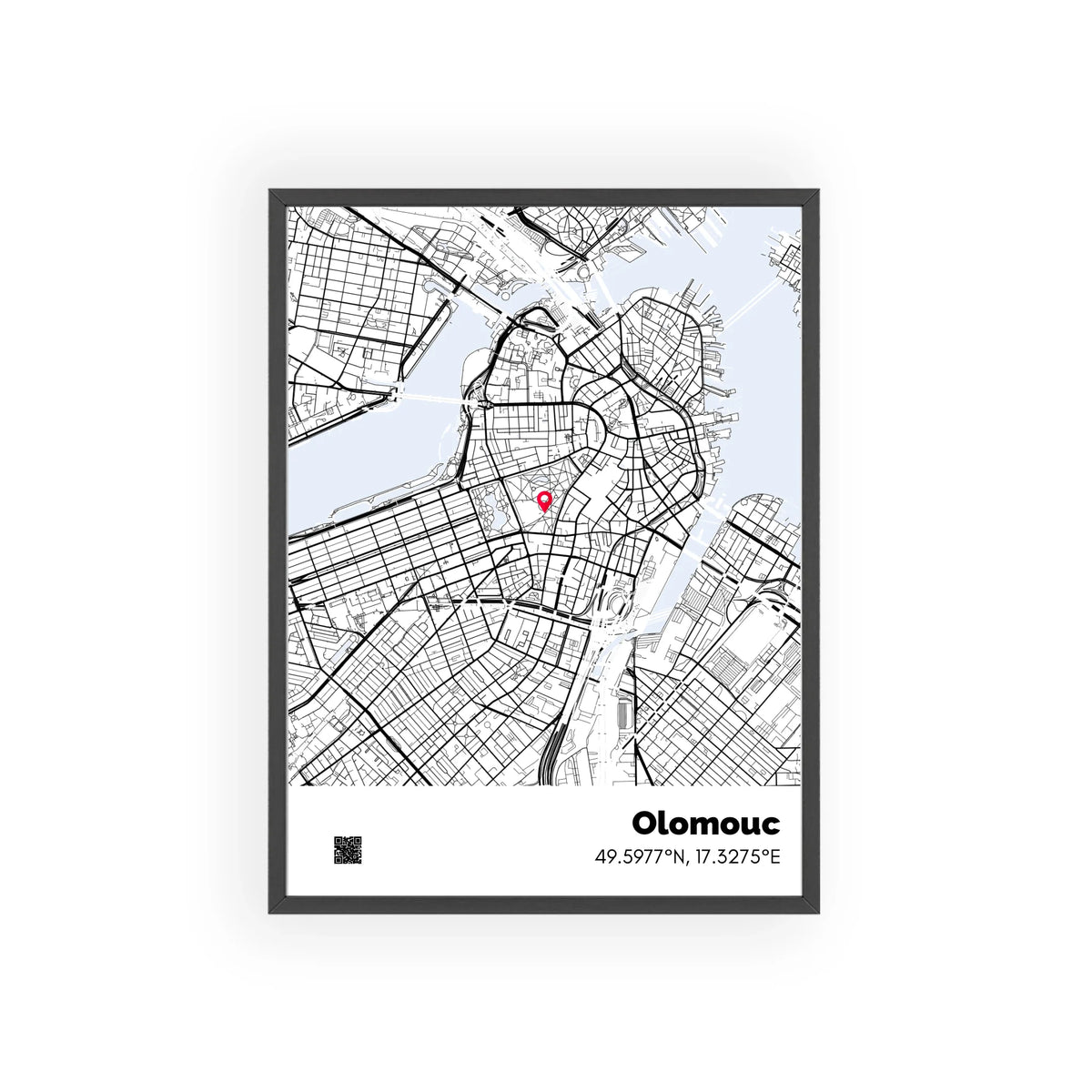 Personalizovaná mapa na míru Zase ta jednoduchost – minimalistický design mapy města v černém rámu