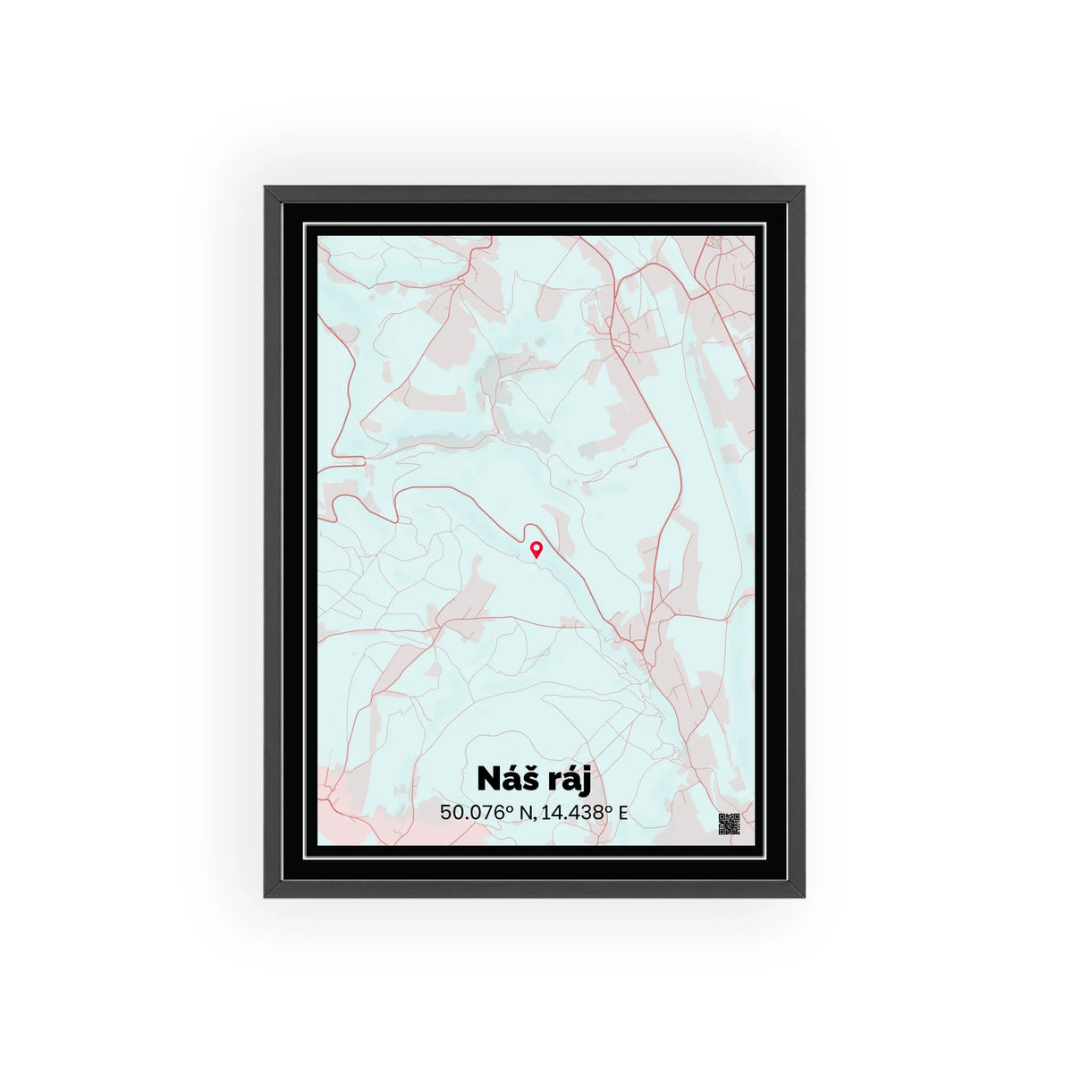 Personalizovaná mapa města na míru s černým lemováním v černém rámu