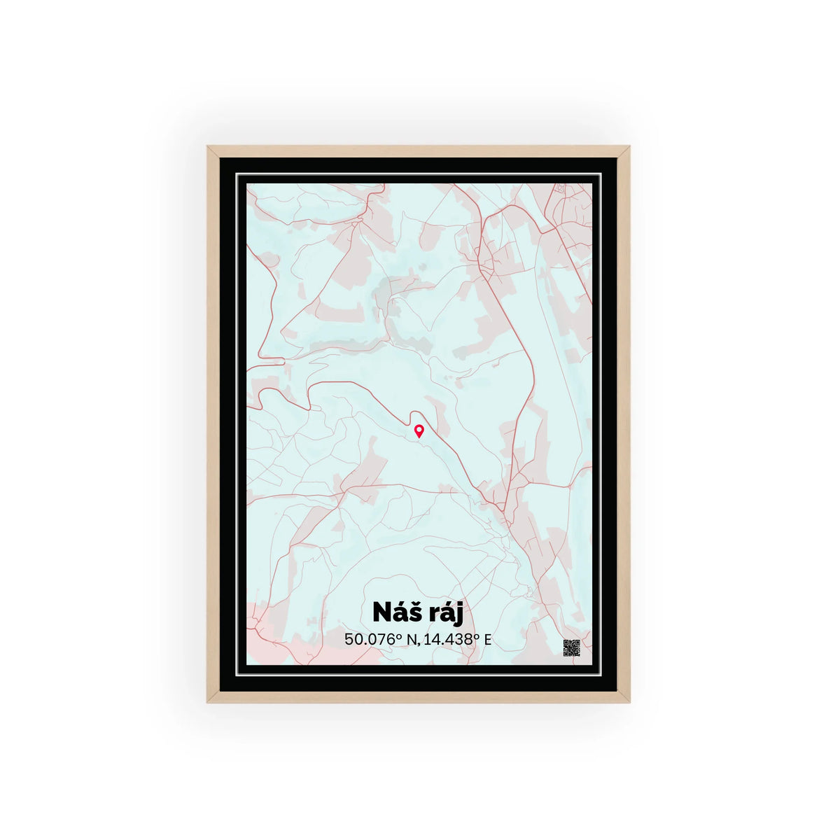 Personalizovaná mapa města na míru s černým lemováním v dřevěném rámu