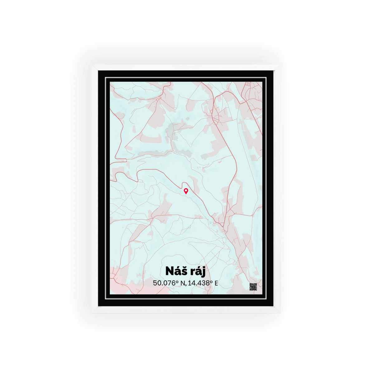Personalizovaná mapa města na míru s černým lemováním v bílém rámu